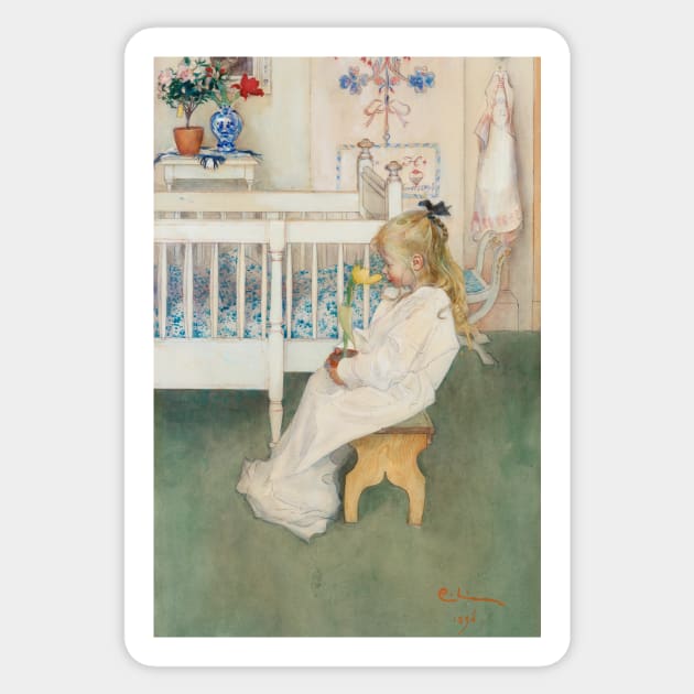 In Nightshirt - Lisbeth with a Yellow Tulip by Carl Larsson Sticker by Classic Art Stall